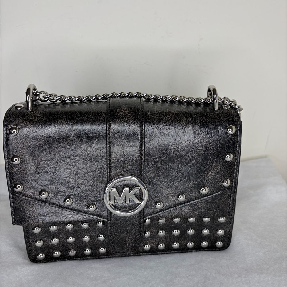 Michael Kors Greenwich Studded Women SM Distressed Crossbody Shoulder Bag Black